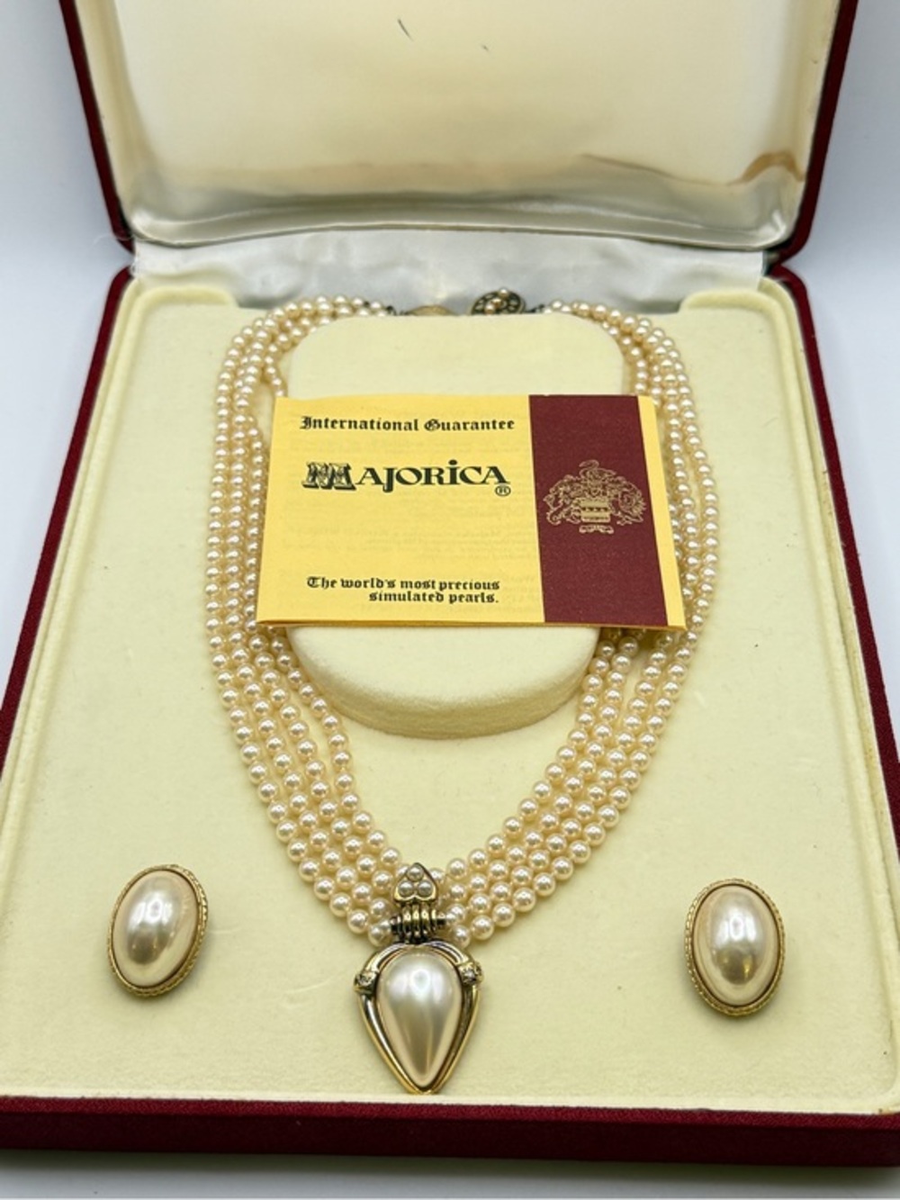 Vintage Majorica Pearl Necklace Set Multi Strand 925 Pendant + Gold Fill Earring